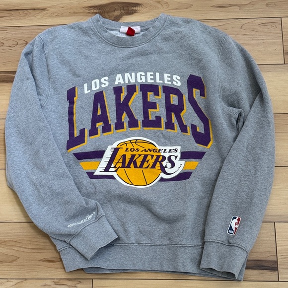 Mitchell & Ness Sweaters - Mitchell & Ness Los Angeles Lakers Gray Crewneck with Purple & Gold Logo